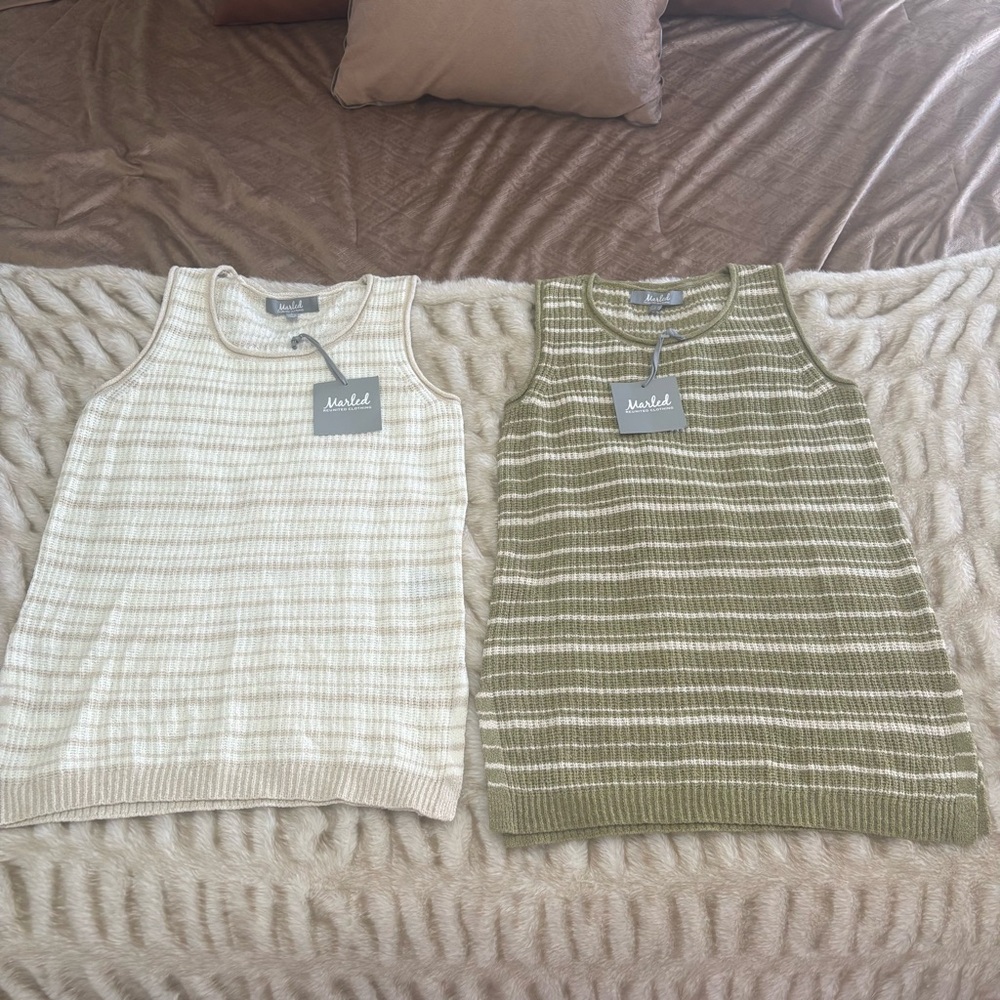 Marled Women's Cream and Olive Striped Tank Tops